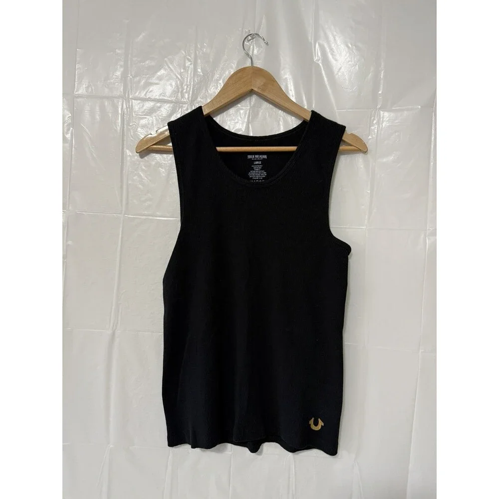 True Religion Tank Top Mens Medium Black Sleeveless Ribbed Gold Horseshoe Logo
